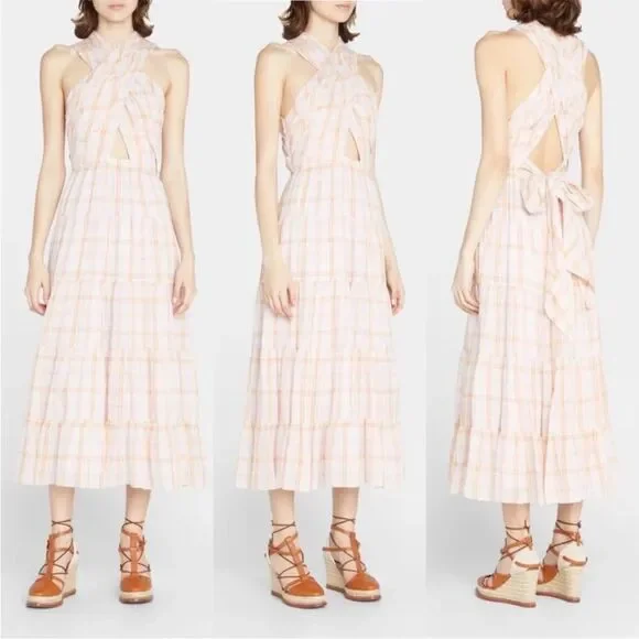 ULLA JOHNSON Noelle Crossover Halter Back-Tie Midi Plaid Dress NEW Sz. 4 - Picture 4 of 10